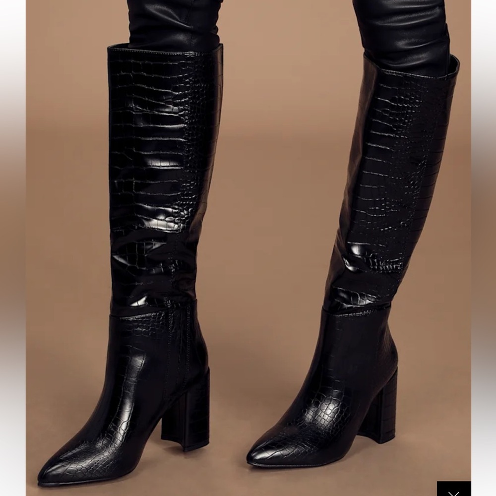 Black Croc-Embossed Knee-High Boots